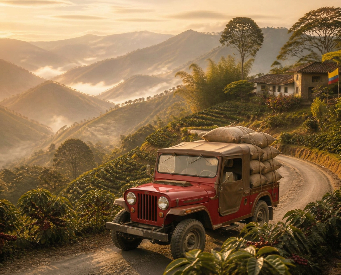 A Yipao-style jeep carrying coffee sacks along a Colombian mountain coffee road at warm morning light